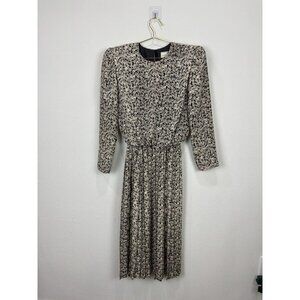 Vintage Floral Pleated Midi Dress Brenner Size 8/10 Shoulder Pads Leaves